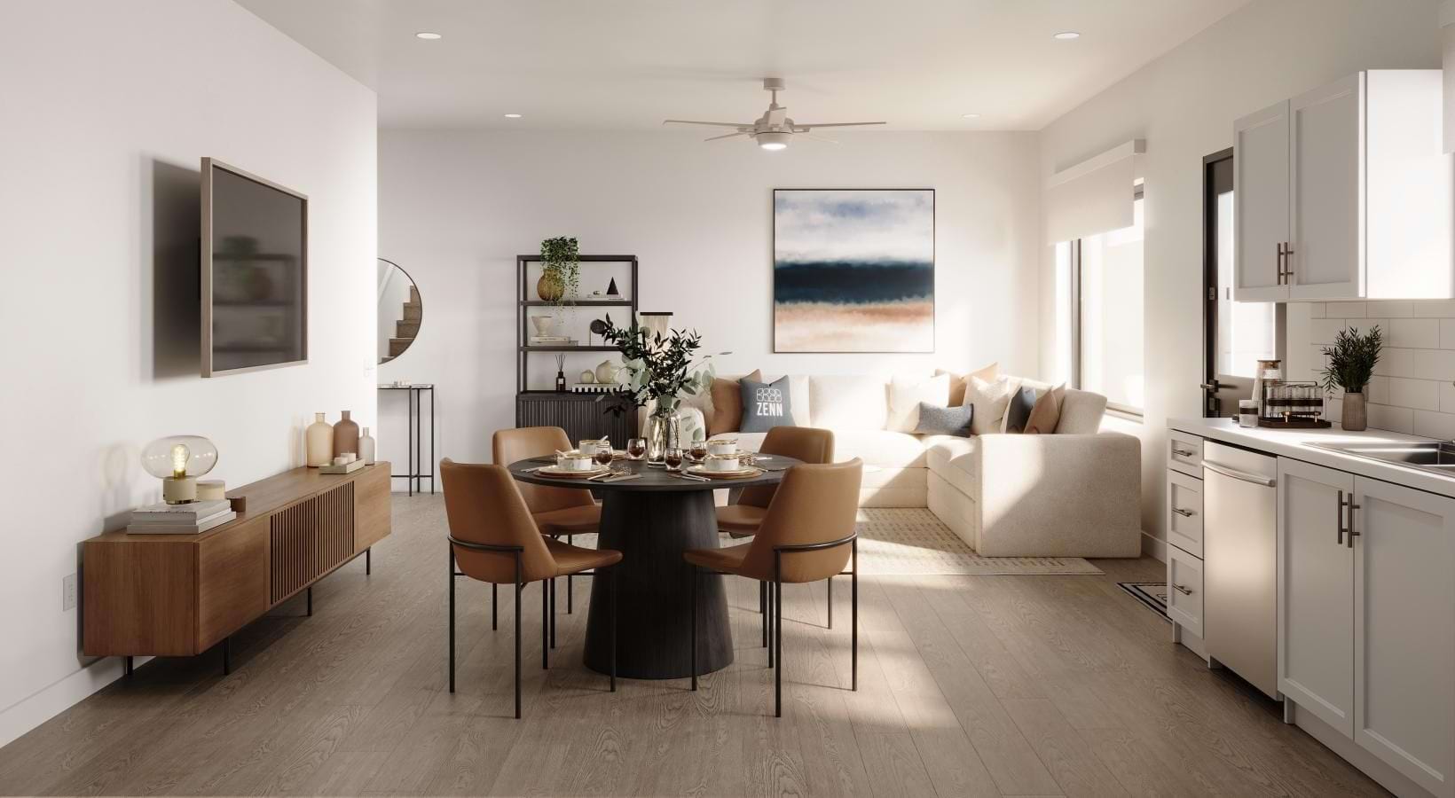 Living room with dining table and couches