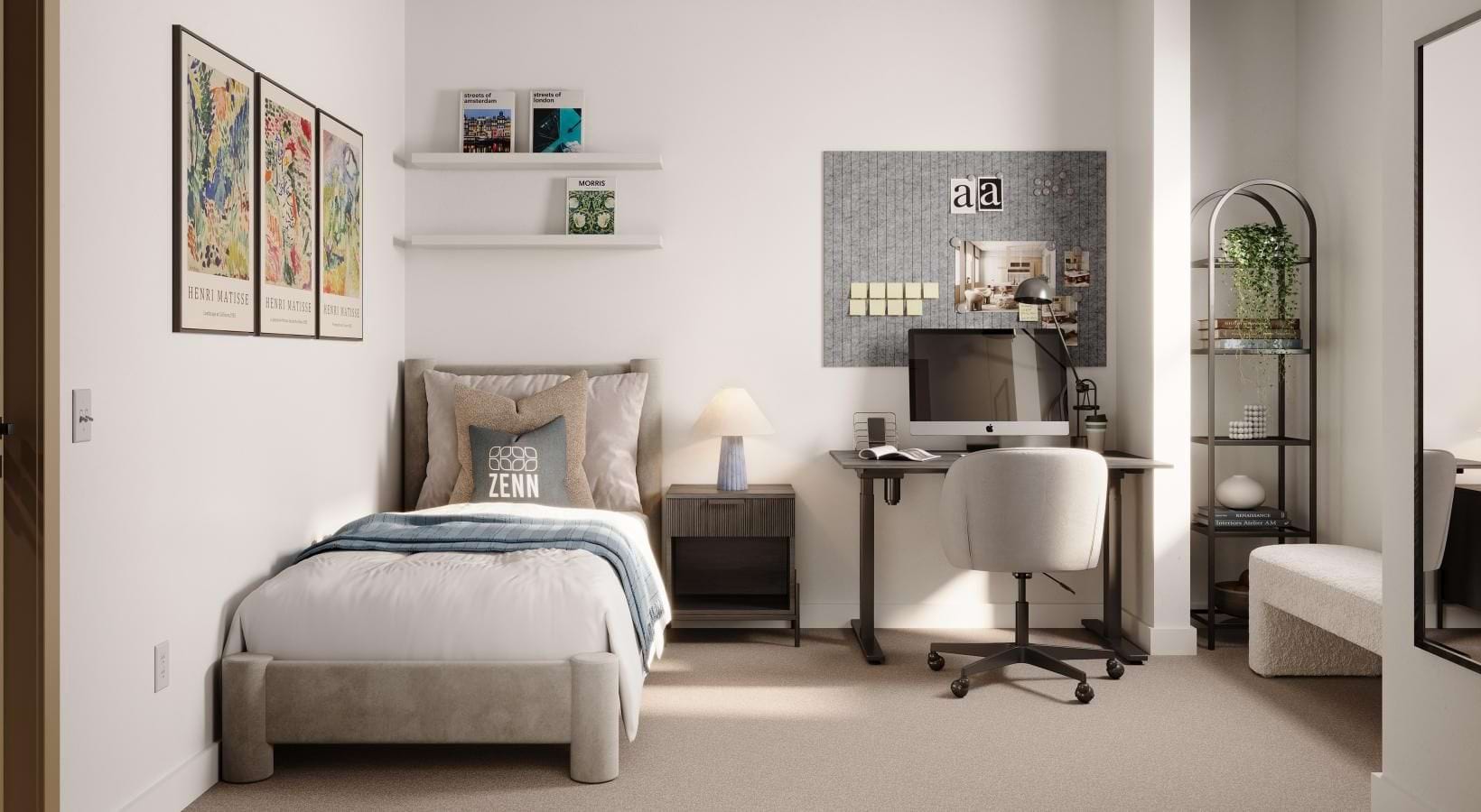 Bedroom with a bed, desk, and chair