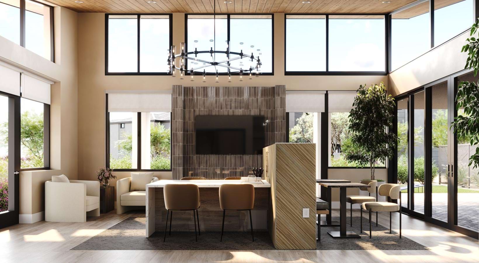 Community room with fireplace and chairs