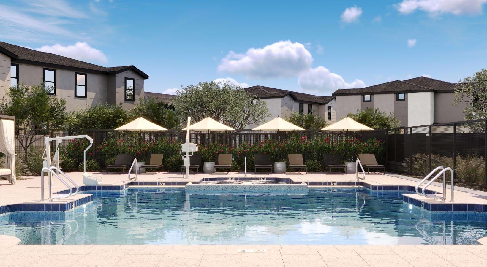 Swimming pool with umbrellas