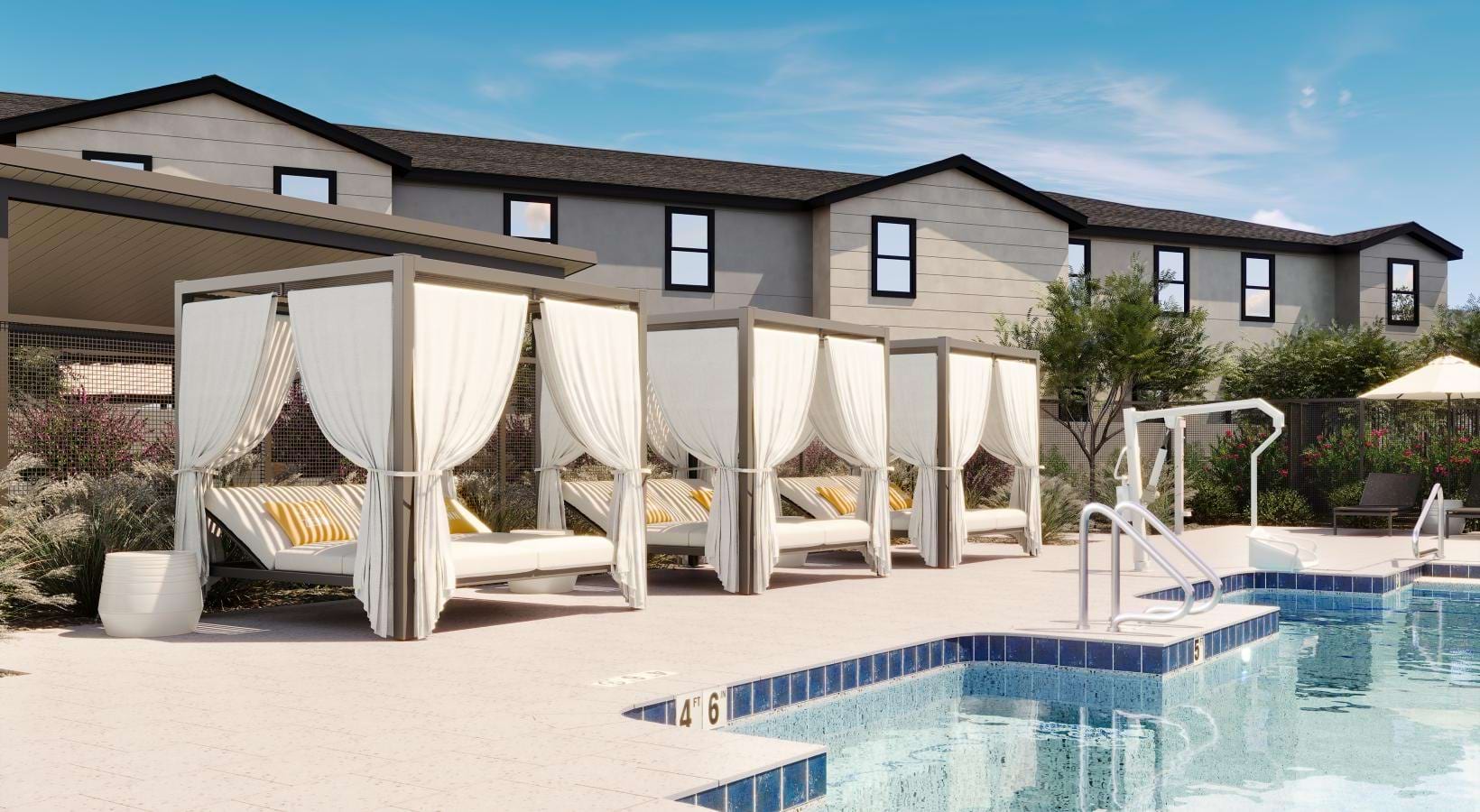 Pool with white umbrellas