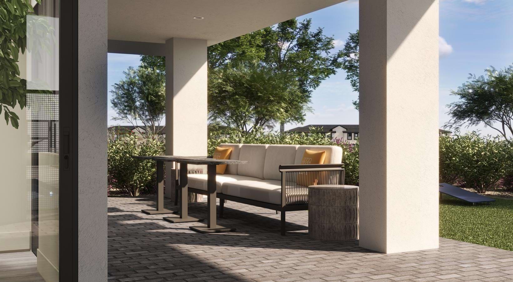 Outdoor patio with a white couch