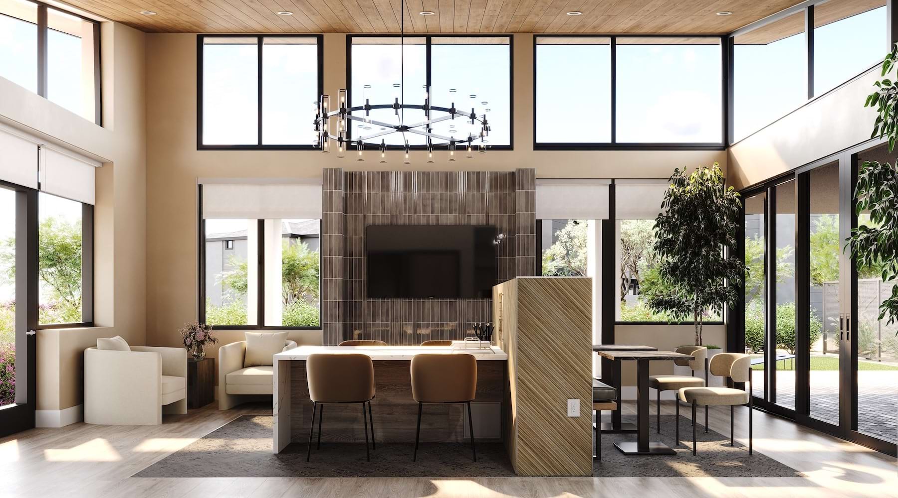 Resident clubroom with television, tables, and chairs