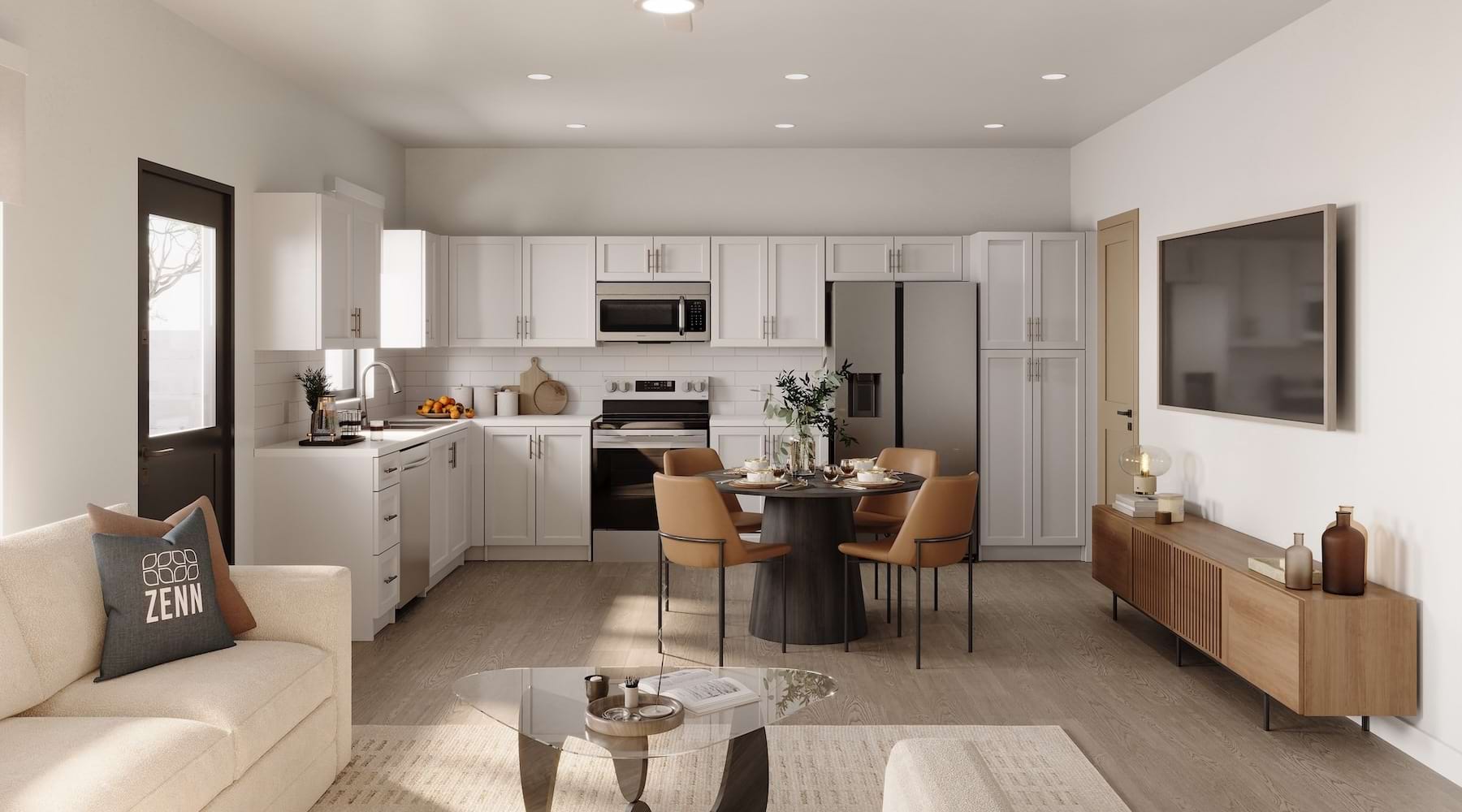 Open kitchen and living room at Zenn Skyview